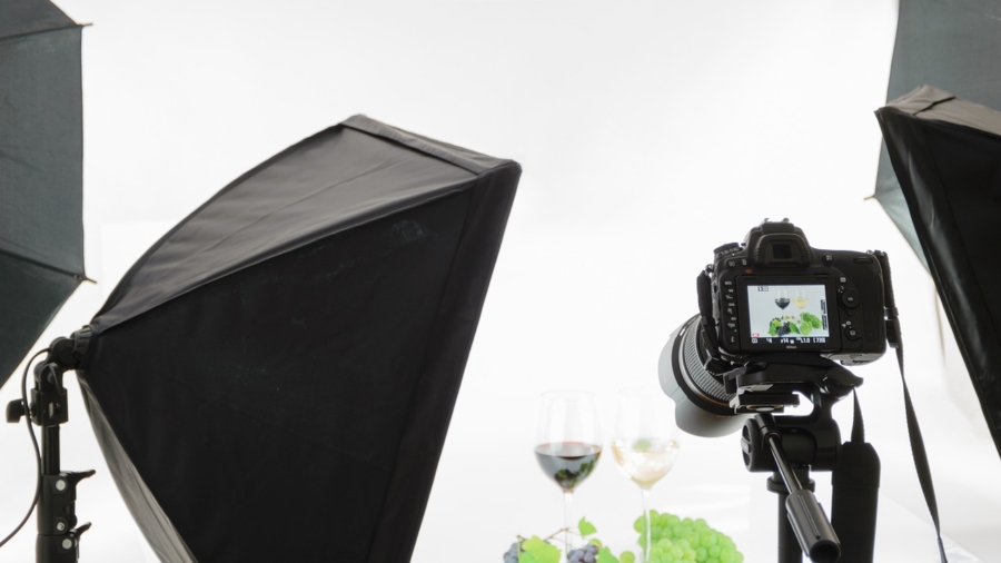 A professional product photography setup with lighting and camera equipment